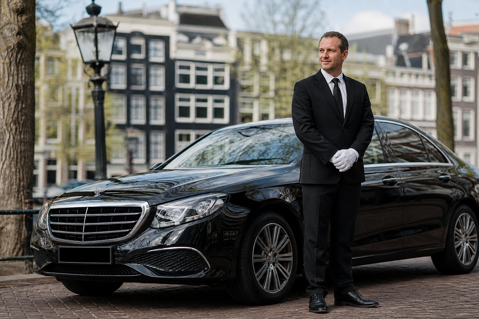 Professional TSC chauffeur with luxury Mercedes sedan